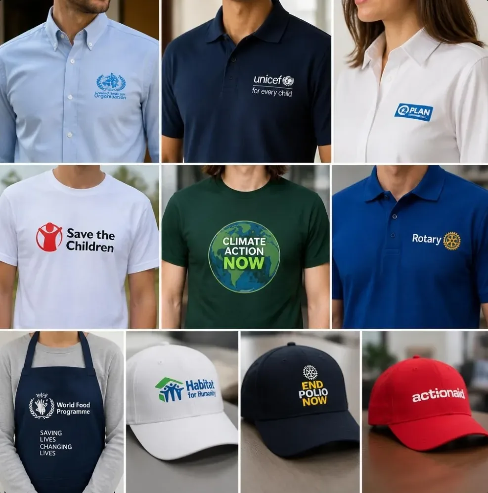 Collage of branded apparel — t-shirts, caps and mugs